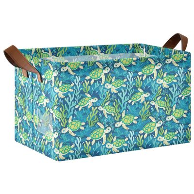 ALAZA Coral Reef Sea Turtles Watercolor Rectangular Closet Storage Box Storage Bin Basket Storage Cube with Leather Handles Nursery Storage Laundry Hamper 2 Piece