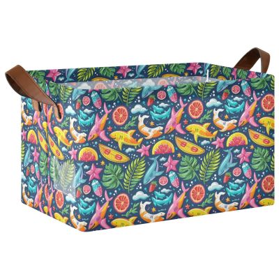 ALAZA Shark Fish Starfish Palm Leaf Rectangular Closet Storage Box Storage Bin Basket Storage Cube with Leather Handles Nursery Storage Laundry Hamper 2 Piece