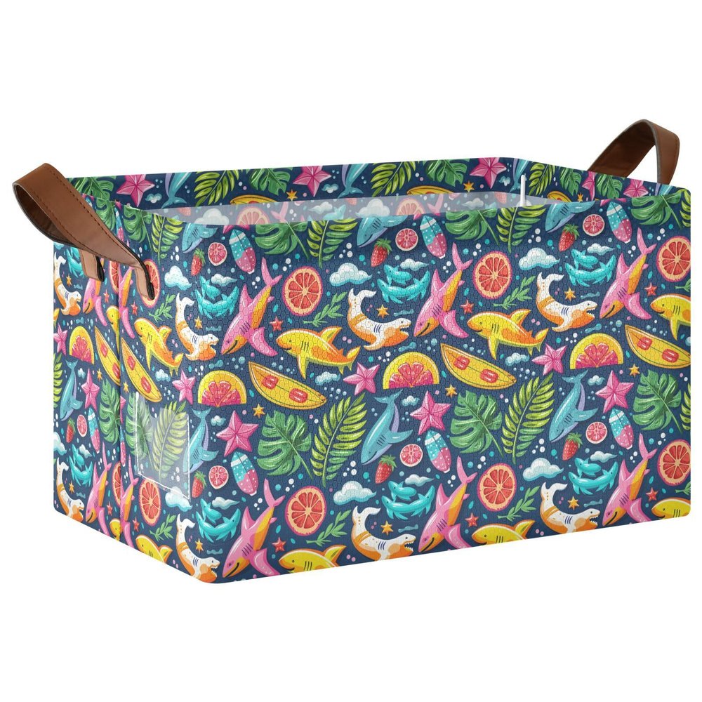 ALAZA Shark Fish Starfish Palm Leaf Rectangular Closet Storage Box Storage Bin Basket Storage Cube with Leather Handles Nursery Storage Laundry Hamper 2 Piece