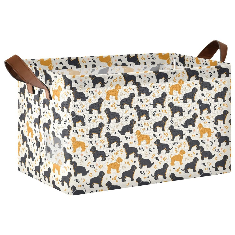ALAZA Black Yellow Puppy Dog Polka Dot Rectangular Closet Storage Box Storage Bin Basket Storage Cube with Leather Handles Nursery Storage Laundry Hamper 2 Piece