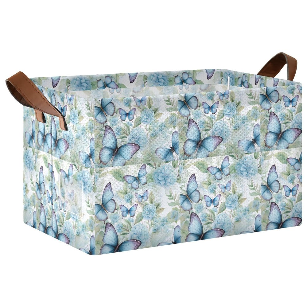 ALAZA Blue Butterfly Blossom Leaf Rectangular Closet Storage Box Storage Bin Basket Storage Cube with Leather Handles Nursery Storage Laundry Hamper 2 Piece