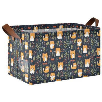 ALAZA Cute Cat Kitten Blossom Leaf Rectangular Closet Storage Box Storage Bin Basket Storage Cube with Leather Handles Nursery Storage Laundry Hamper 2 Piece