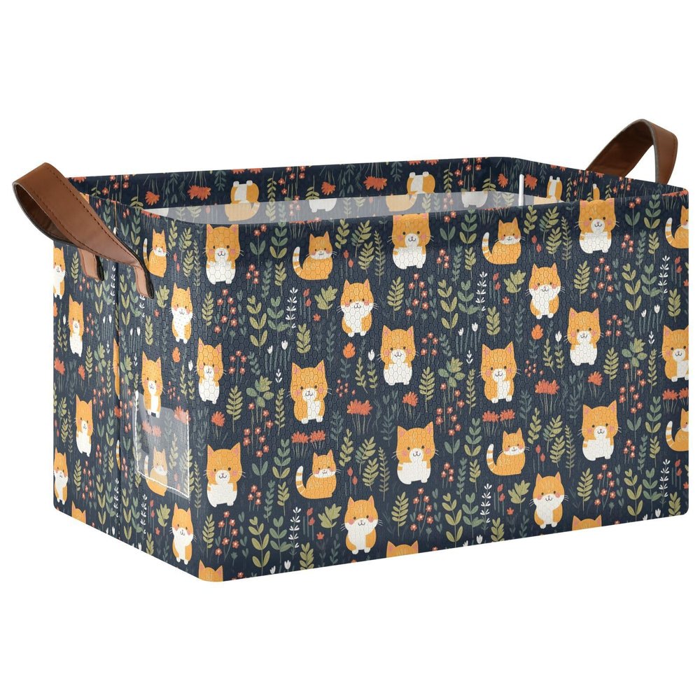 ALAZA Cute Cat Kitten Blossom Leaf Rectangular Closet Storage Box Storage Bin Basket Storage Cube with Leather Handles Nursery Storage Laundry Hamper 2 Piece