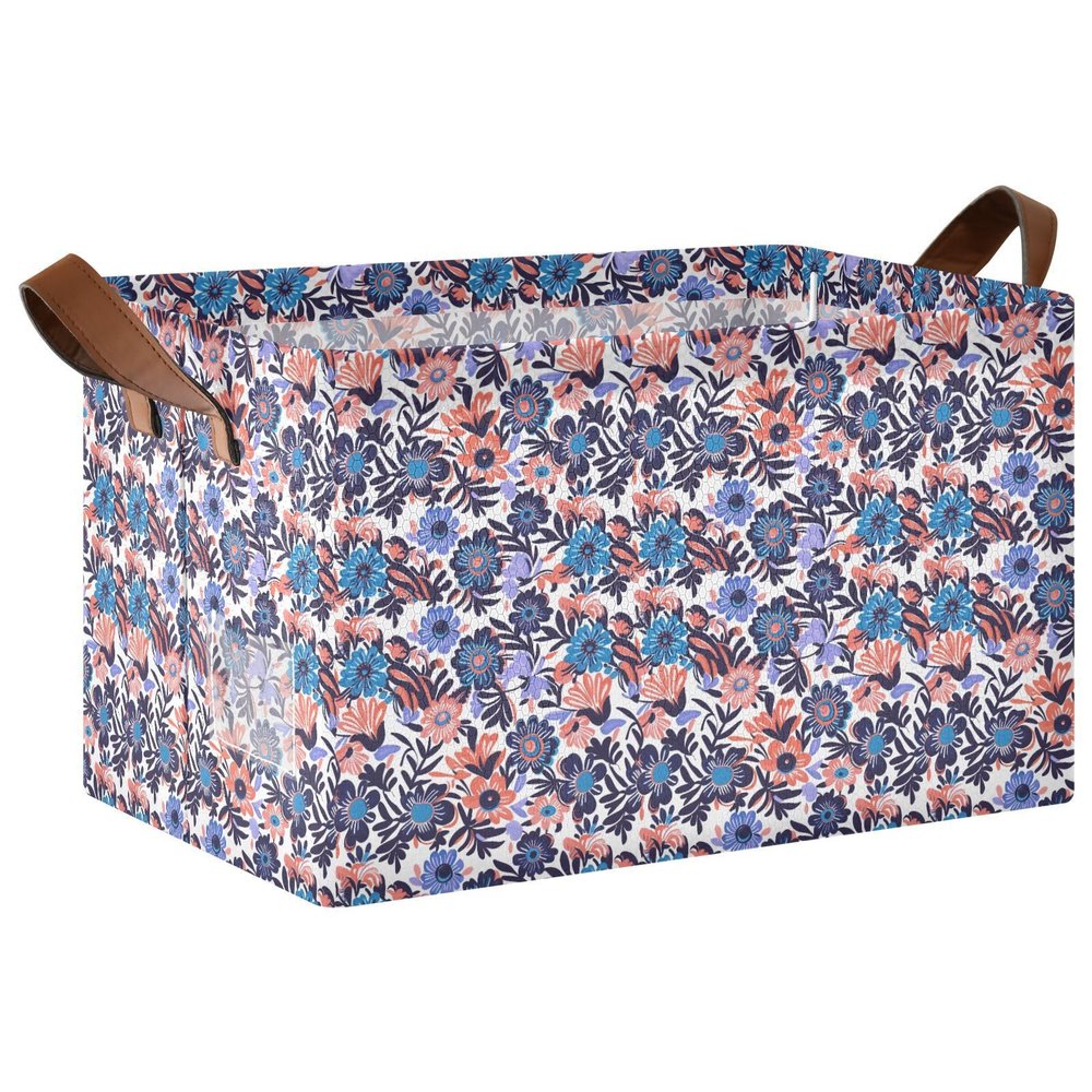 ALAZA Blue Blossom Flower Rectangular Closet Storage Box Storage Bin Basket Storage Cube with Leather Handles Nursery Storage Laundry Hamper 2 Piece