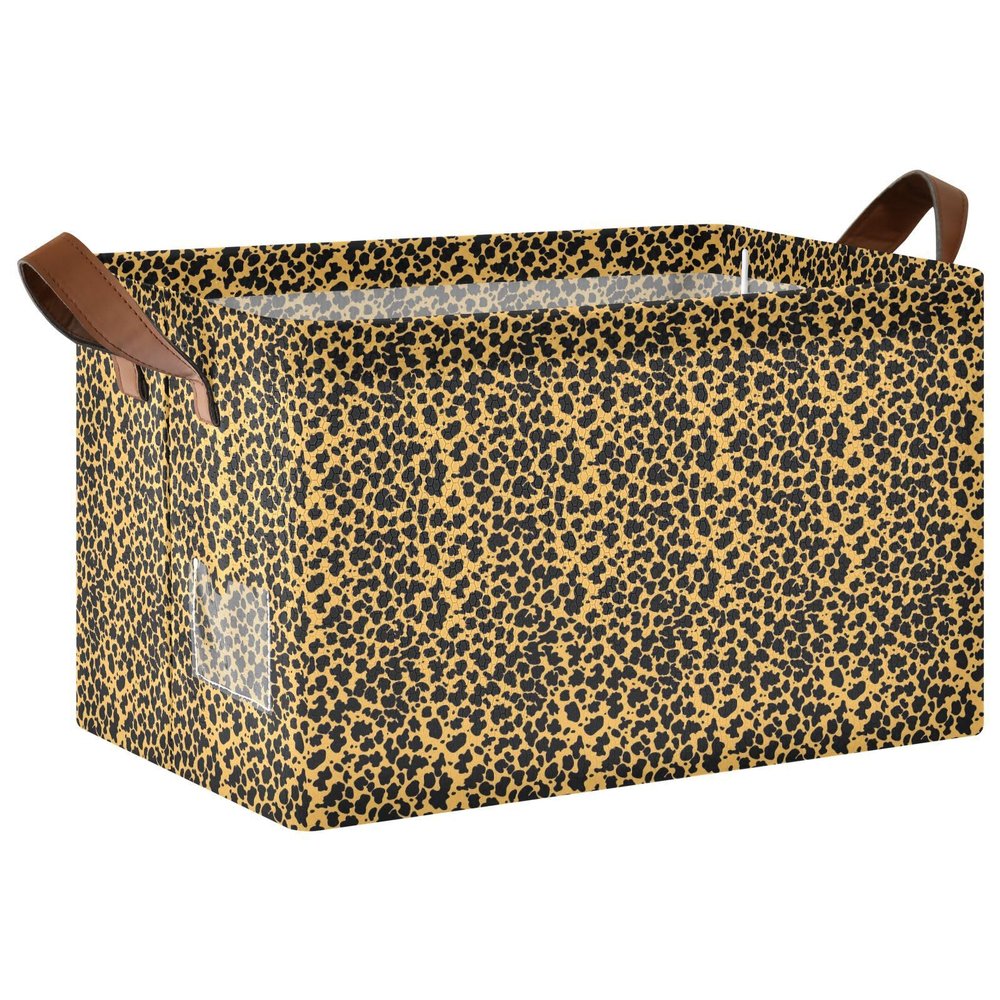 ALAZA Black Leopard Print Yellow Rectangular Closet Storage Box Storage Bin Basket Storage Cube with Leather Handles Nursery Storage Laundry Hamper 2 Piece
