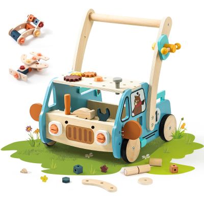 OESSUF 2-in-1 Wooden Baby Walker with 40 PCS Tool Toys Baby Push Walker for 6-12 Months, Activity Center for Toddlers Aged 1-3 Years, Montessori Toy for Boys and Girls (Blue)