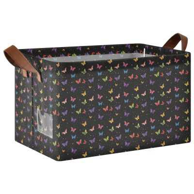 ALAZA Colorful Butterfly Black Rectangular Closet Storage Box Storage Bin Basket Storage Cube with Leather Handles Nursery Storage Laundry Hamper 2 Piece