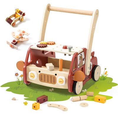 OESSUF 2-in-1 Wooden Baby Walker with 40 PCS Tool Toys Baby Push Walker for 6-12 Months, Activity Center for Toddlers Aged 1-3 Years, Montessori Toy for Boys and Girls (Red)