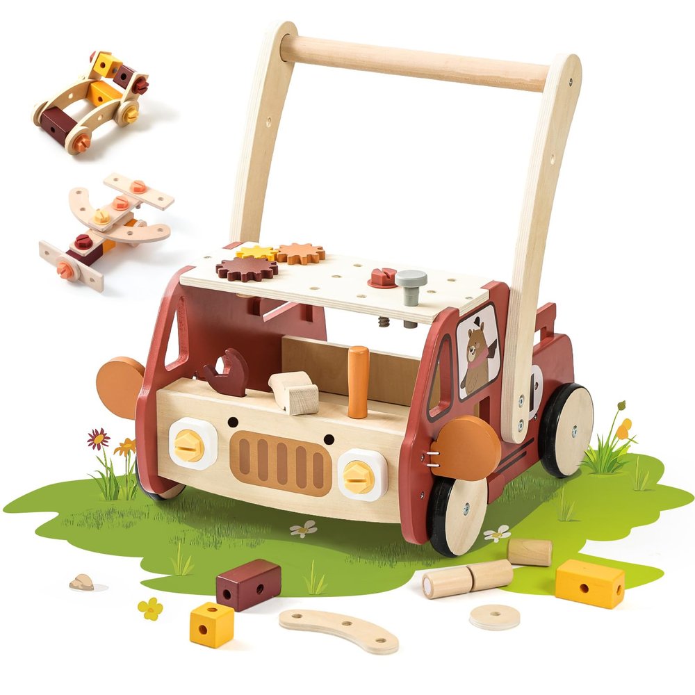 OESSUF 2-in-1 Wooden Baby Walker with 40 PCS Tool Toys Baby Push Walker for 6-12 Months, Activity Center for Toddlers Aged 1-3 Years, Montessori Toy for Boys and Girls (Red)