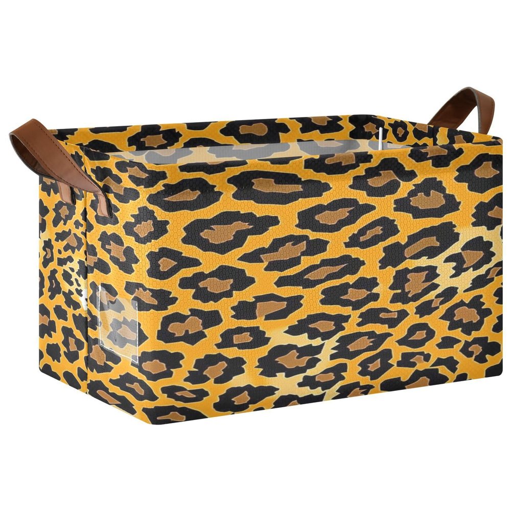 ALAZA Brown Leopard Print Yellow Rectangular Closet Storage Box Storage Bin Basket Storage Cube with Leather Handles Nursery Storage Laundry Hamper 2 Piece