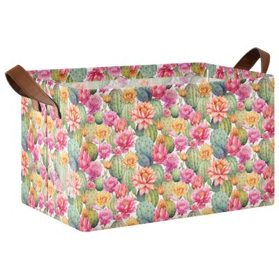 ALAZA Blossom Cactus Rectangular Closet Storage Box Storage Bin Basket Storage Cube with Leather Handles Nursery Storage Laundry Hamper 2 Piece