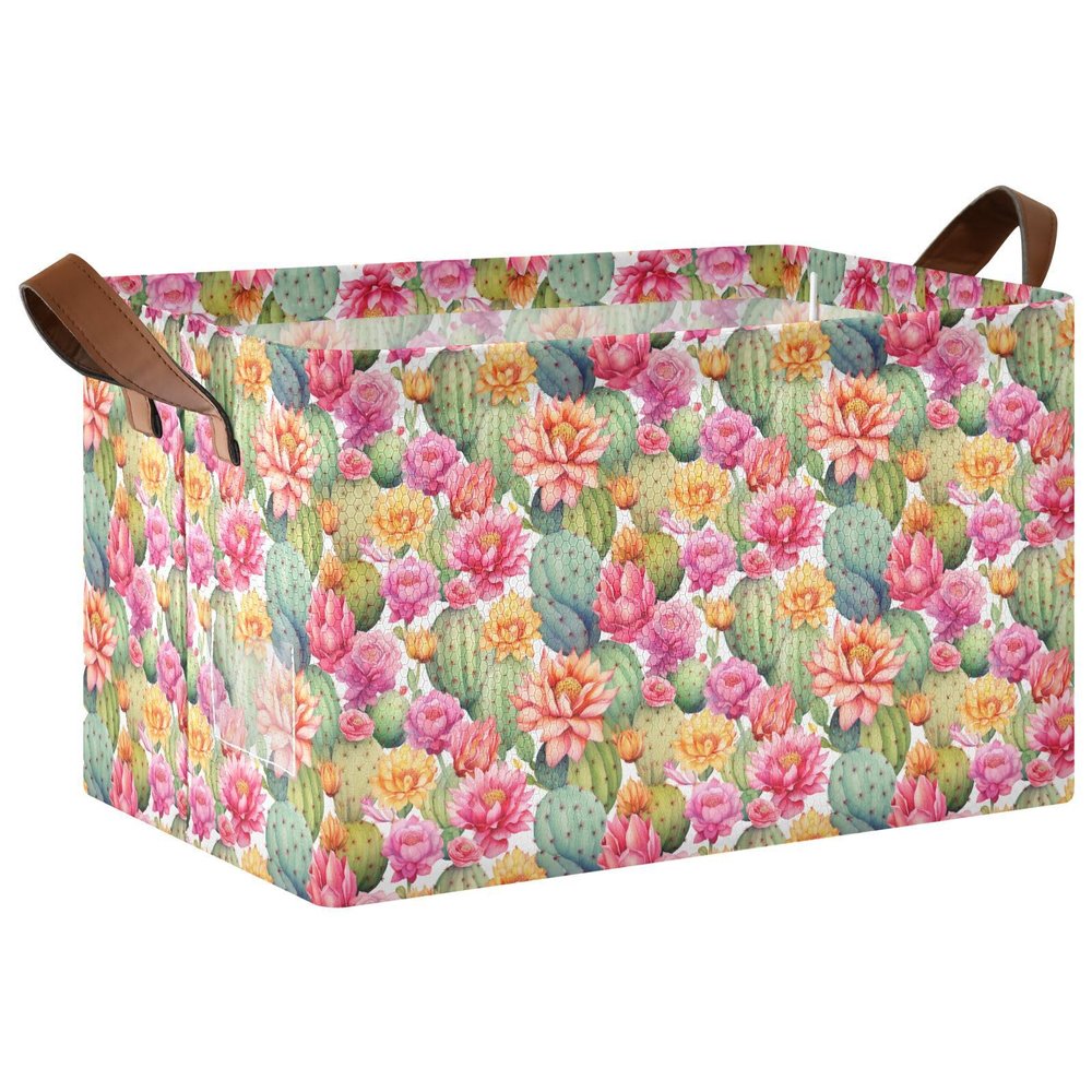 ALAZA Blossom Cactus Rectangular Closet Storage Box Storage Bin Basket Storage Cube with Leather Handles Nursery Storage Laundry Hamper 2 Piece