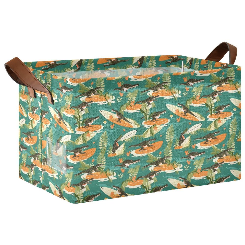 ALAZA Crocodile Palm Leaves Boat Rectangular Closet Storage Box Storage Bin Basket Storage Cube with Leather Handles Nursery Storage Laundry Hamper 2 Piece