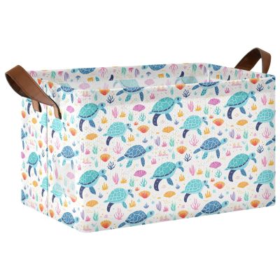 ALAZA Sea Turtle Coral Reef Rectangular Closet Storage Box Storage Bin Basket Storage Cube with Leather Handles Nursery Storage Laundry Hamper 2 Piece