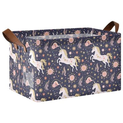 ALAZA Beautiful Unicorn Star Flower Rectangular Closet Storage Box Storage Bin Basket Storage Cube with Leather Handles Nursery Storage Laundry Hamper 2 Piece