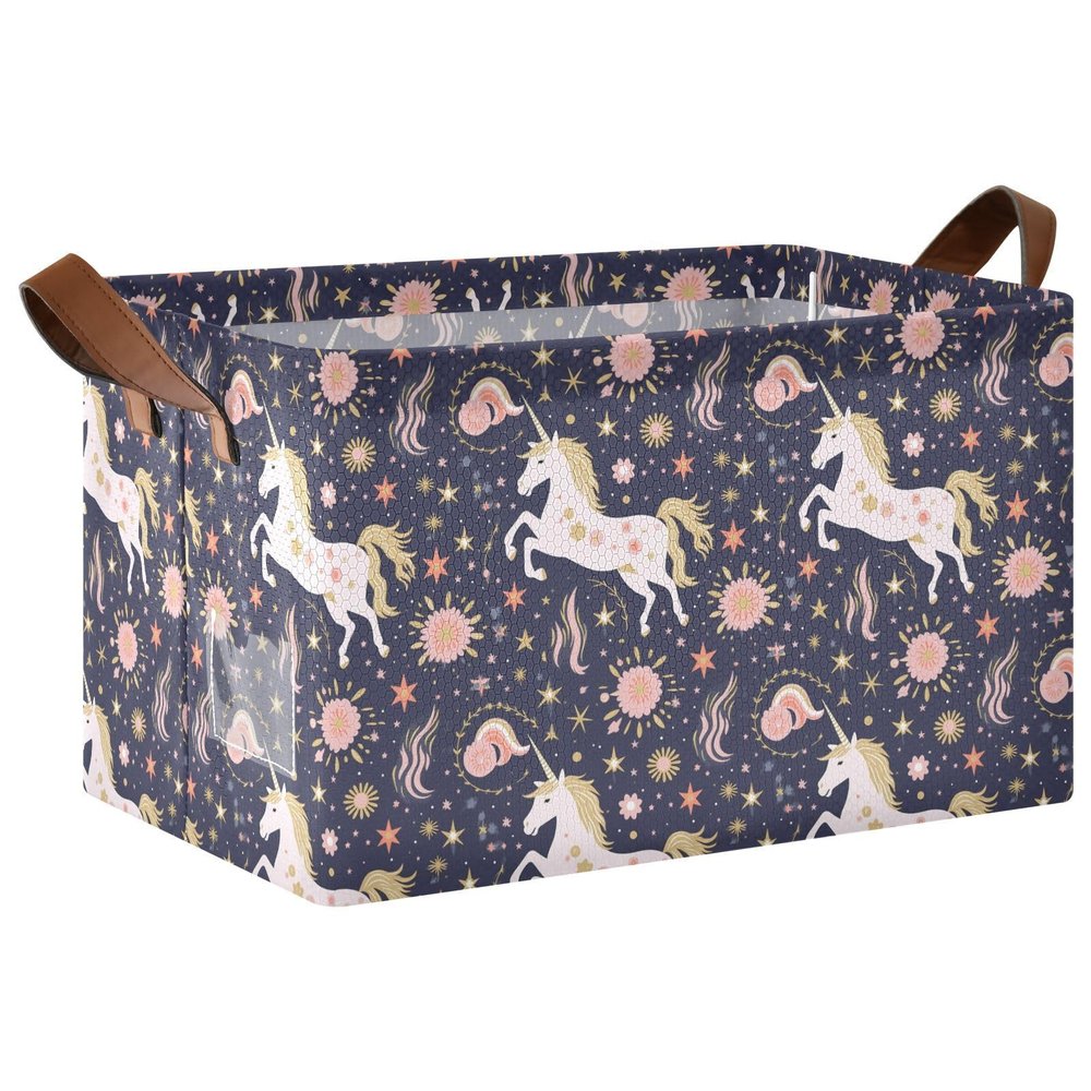 ALAZA Beautiful Unicorn Star Flower Rectangular Closet Storage Box Storage Bin Basket Storage Cube with Leather Handles Nursery Storage Laundry Hamper 2 Piece