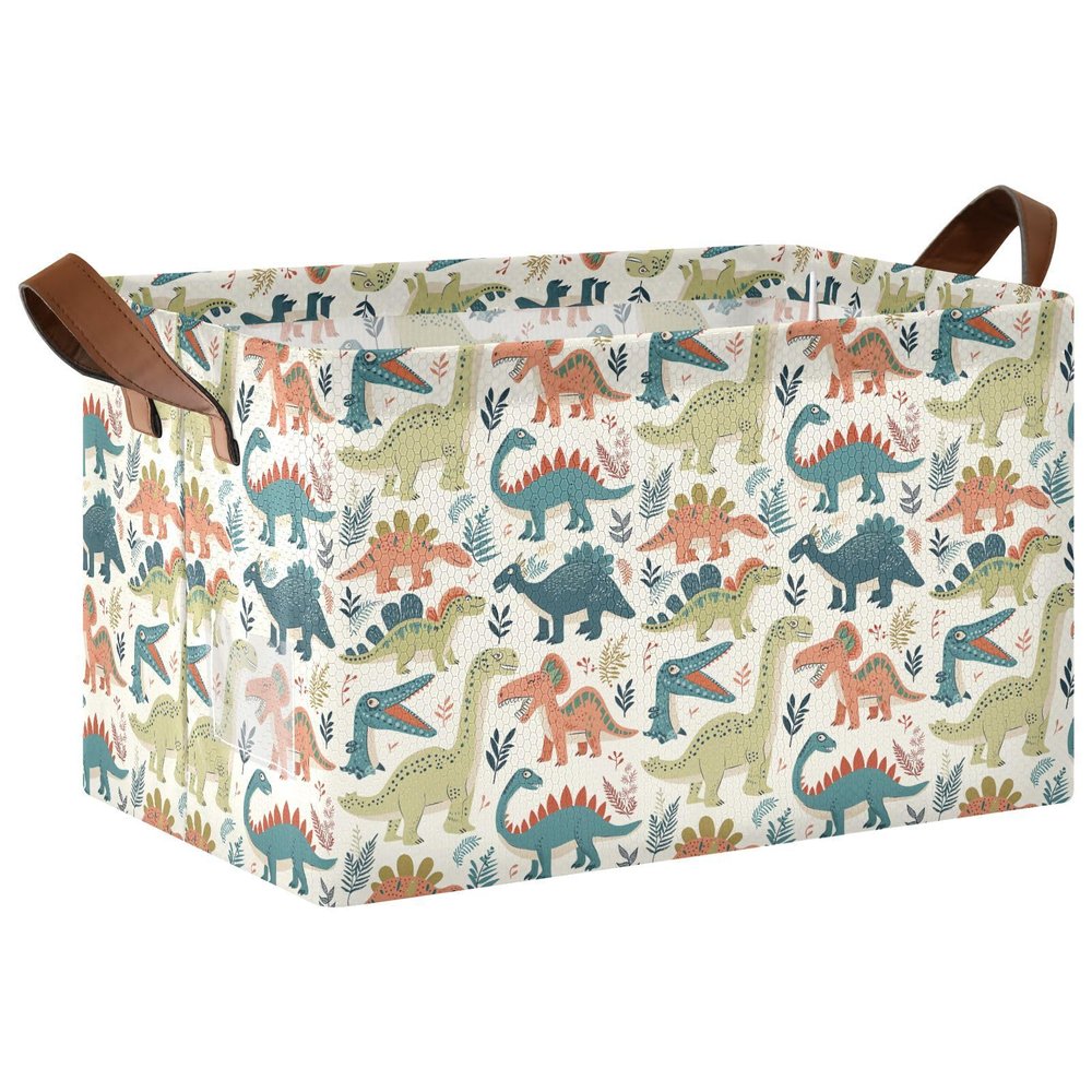 ALAZA Dinosaur Leaves Cartoon Rectangular Closet Storage Box Storage Bin Basket Storage Cube with Leather Handles Nursery Storage Laundry Hamper 2 Piece