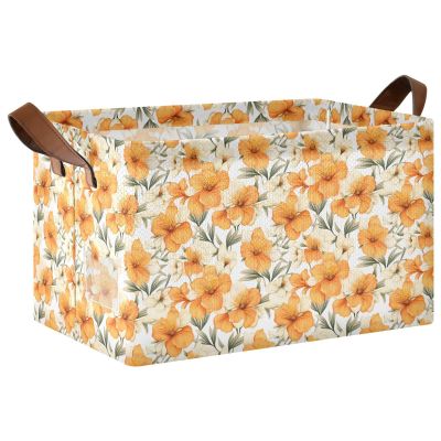 ALAZA Oil Painting Yellow Flower Rectangular Closet Storage Box Storage Bin Basket Storage Cube with Leather Handles Nursery Storage Laundry Hamper 2 Piece