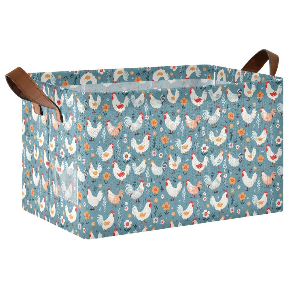 ALAZA Beautiful Chicken Rooster Blossom Rectangular Closet Storage Box Storage Bin Basket Storage Cube with Leather Handles Nursery Storage Laundry Hamper 2 Piece