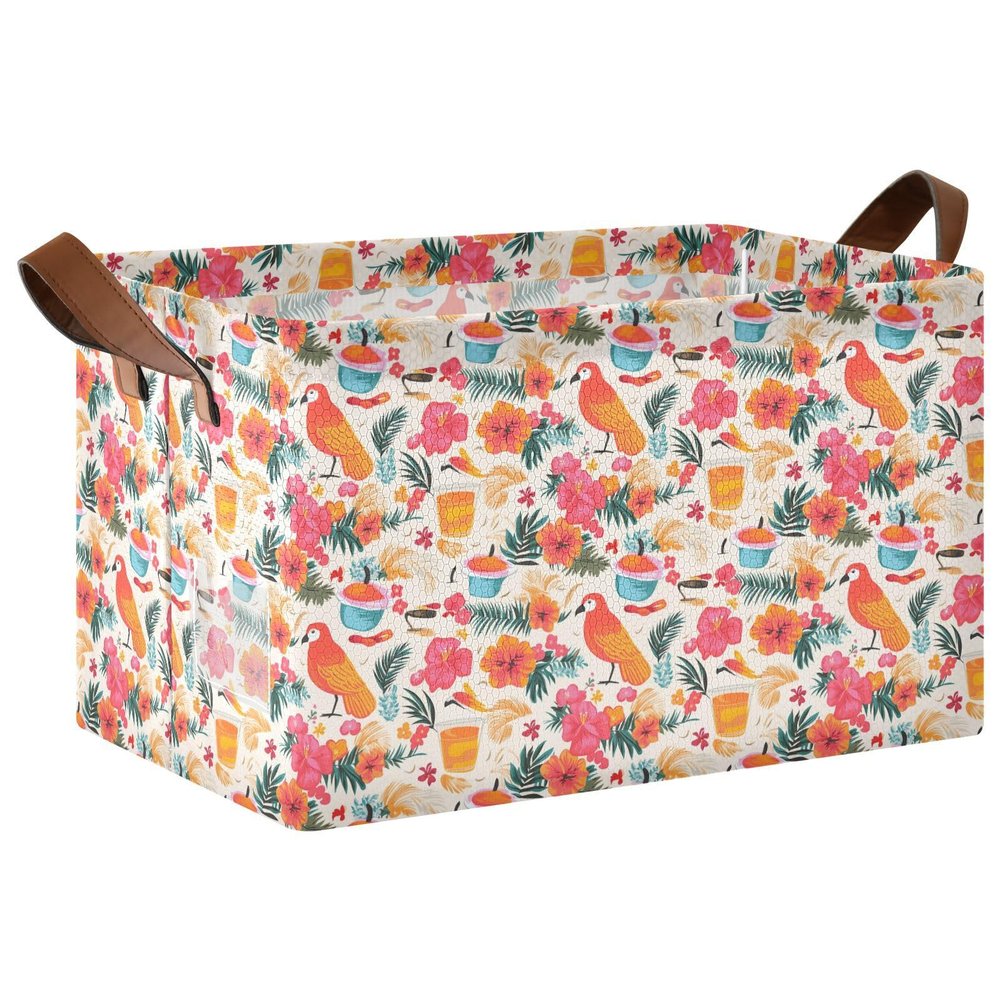 ALAZA Bird Parrot Palm Leaves Flower Rectangular Closet Storage Box Storage Bin Basket Storage Cube with Leather Handles Nursery Storage Laundry Hamper 2 Piece