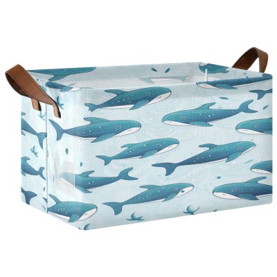 ALAZA Blue Fish Whale Rectangular Closet Storage Box Storage Bin Basket Storage Cube with Leather Handles Nursery Storage Laundry Hamper 2 Piece