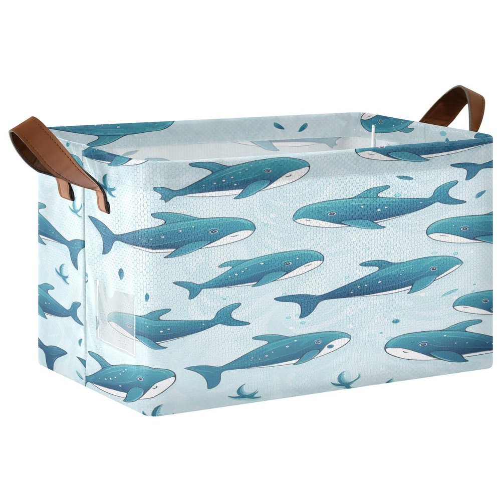 ALAZA Blue Fish Whale Rectangular Closet Storage Box Storage Bin Basket Storage Cube with Leather Handles Nursery Storage Laundry Hamper 2 Piece