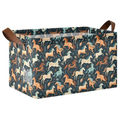 ALAZA Art Horse Navy Blue Rectangular Closet Storage Box Storage Bin Basket Storage Cube with Leather Handles Nursery Storage Laundry Hamper 2 Piece