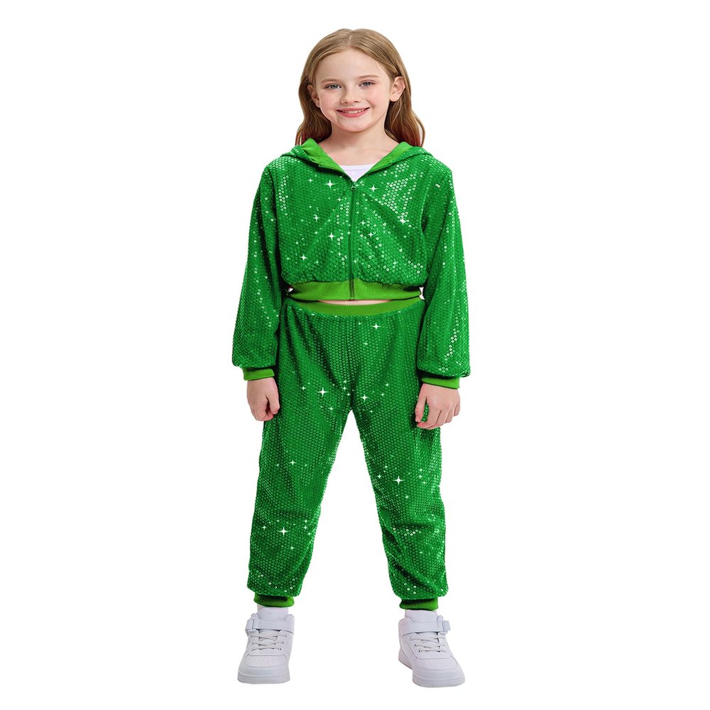 LOLANTA Kids Hip-hop Dance Costume Girls Dance Outfits Green Sequin Costume for Saint Patrick's Day (Green, 8-9 Years)
