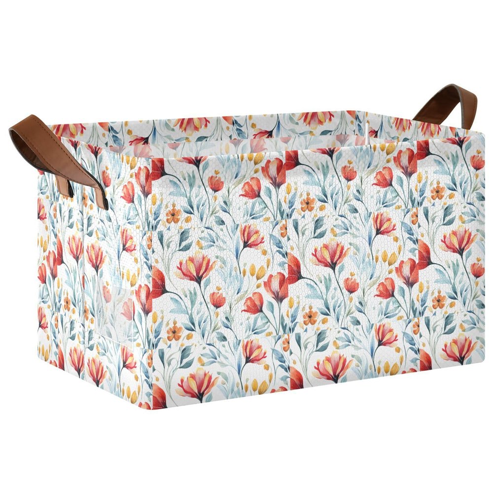 ALAZA Floral Flower Blossom White Rectangular Closet Storage Box Storage Bin Basket Storage Cube with Leather Handles Nursery Storage Laundry Hamper 2 Piece