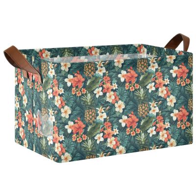 ALAZA Cute Flower Floral Pineapple Palm Leaves Rectangular Closet Storage Box Storage Bin Basket Storage Cube with Leather Handles Nursery Storage Laundry Hamper 2 Piece