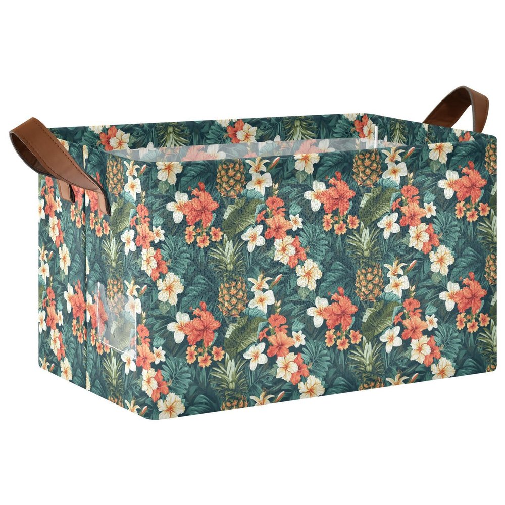 ALAZA Cute Flower Floral Pineapple Palm Leaves Rectangular Closet Storage Box Storage Bin Basket Storage Cube with Leather Handles Nursery Storage Laundry Hamper 2 Piece