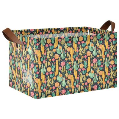 ALAZA Cactus Blossom Floral Rectangular Closet Storage Box Storage Bin Basket Storage Cube with Leather Handles Nursery Storage Laundry Hamper 2 Piece