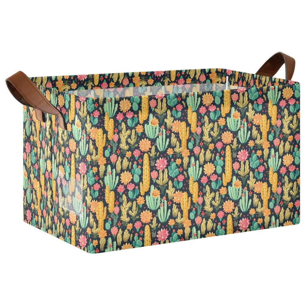 ALAZA Cactus Blossom Floral Rectangular Closet Storage Box Storage Bin Basket Storage Cube with Leather Handles Nursery Storage Laundry Hamper 2 Piece