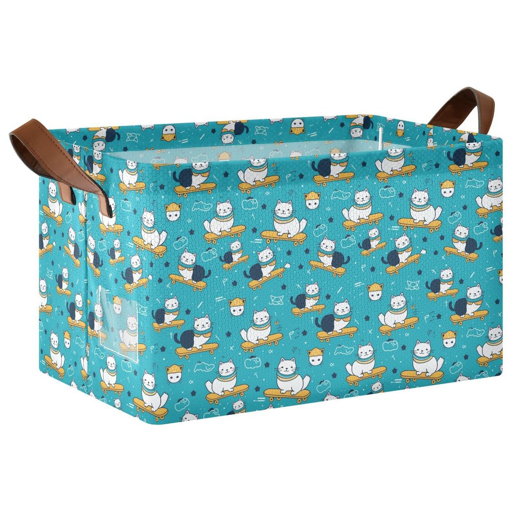 ALAZA Cute Cat Surfboard Blue Rectangular Closet Storage Box Storage Bin Basket Storage Cube with Leather Handles Nursery Storage Laundry Hamper 2 Piece