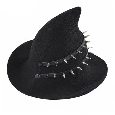 Womens Halloween Black Witch Hat with Punk Rivets Headwear Ladies Wool Knitted Cap Gothic Wicked Wizard Hat for Halloween Party Masquerade Cosplay Costume Accessories Decor