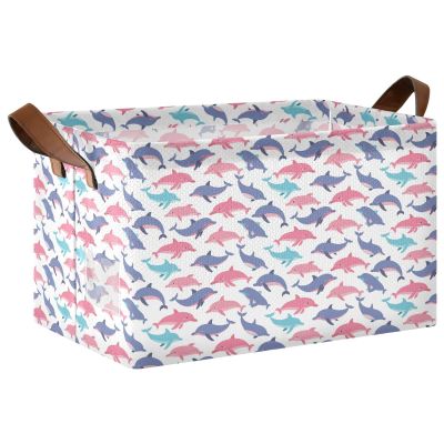ALAZA Fish Dolphin White Rectangular Closet Storage Box Storage Bin Basket Storage Cube with Leather Handles Nursery Storage Laundry Hamper 2 Piece