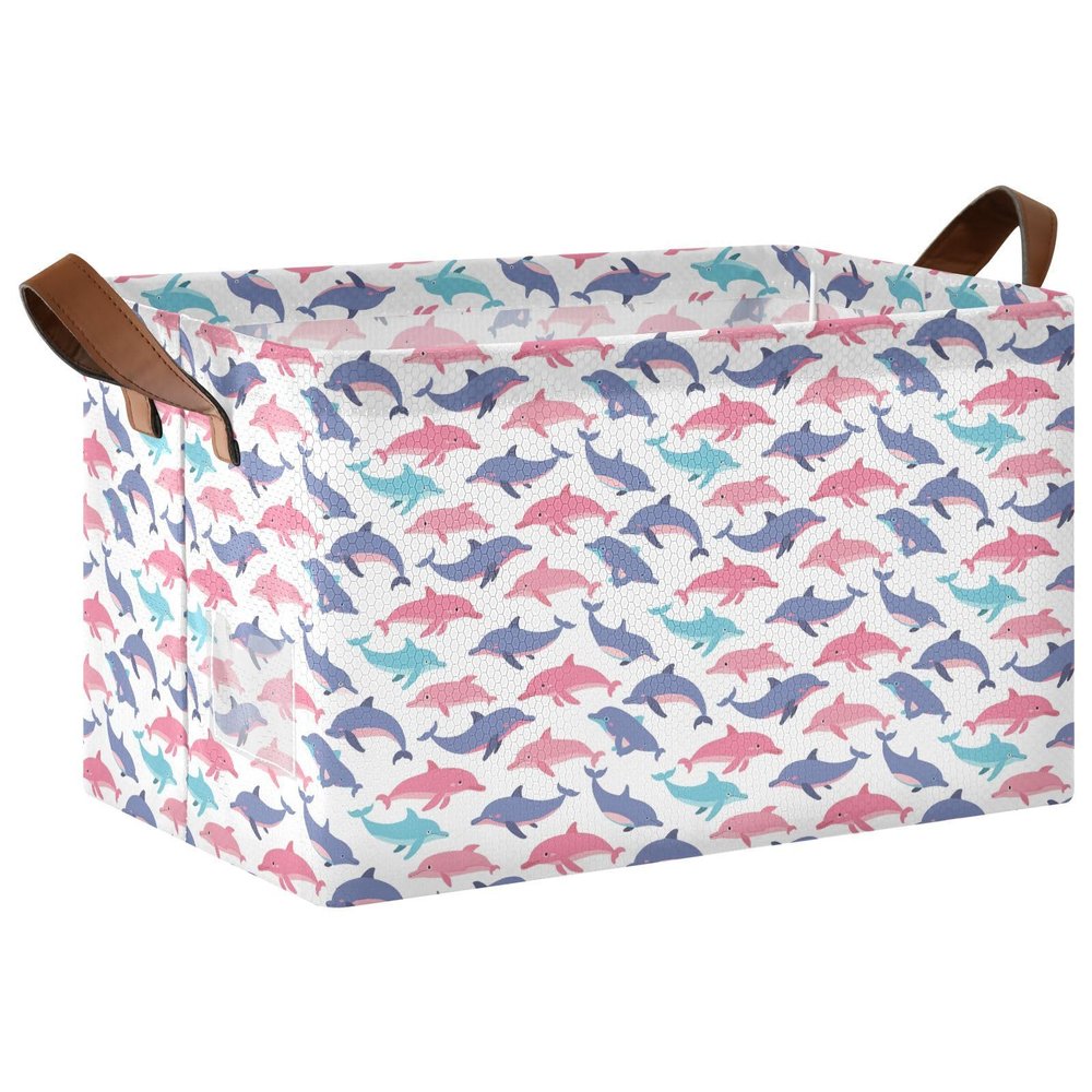 ALAZA Fish Dolphin White Rectangular Closet Storage Box Storage Bin Basket Storage Cube with Leather Handles Nursery Storage Laundry Hamper 2 Piece