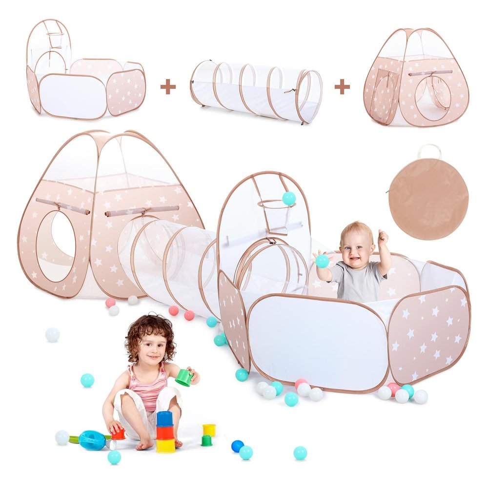 PigPigPen 3 in 1 Kids Play Tent with Play Tunnel and Ball Pit, Toddler Clibing Toys for Boys & Girls, Pop Up Playhouse Toys for Baby Indoor Outdoor, Gift for 3+ Year Old Child