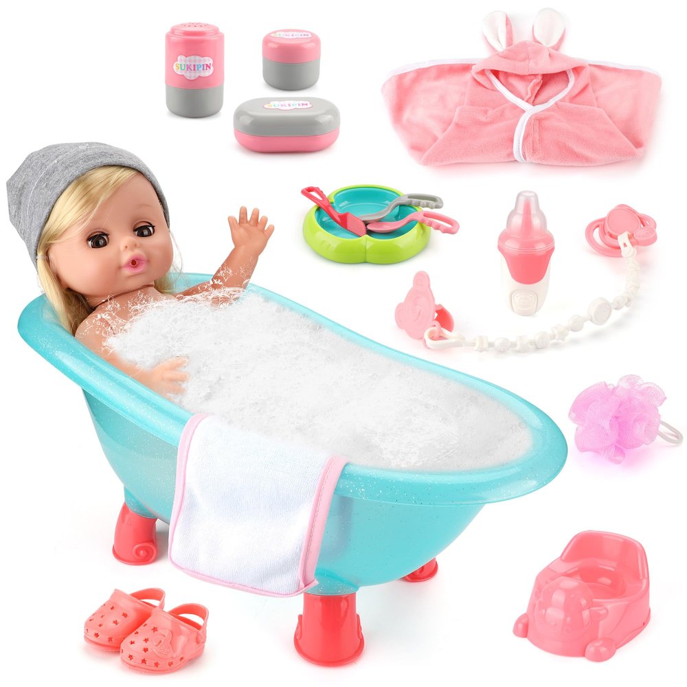 SUKIPIN Baby Doll Bath Set, Bathtub Baby Doll Playset for Todders, Valentines Day Gifts for 3 4 5 Year Old Girls, Easter Basket Stuffers for Toddlers Kids (Bathtub Set)