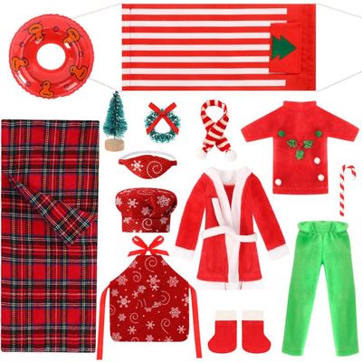 UPINS 14 Pcs Christmas Elf Doll Accessories Set with Sleeping Bag, Bathrobe, Top, Pants, Apron, Chef Hat, Scarf, Swimming Circle, Hammock & Xmas Accessory for Doll Decorations