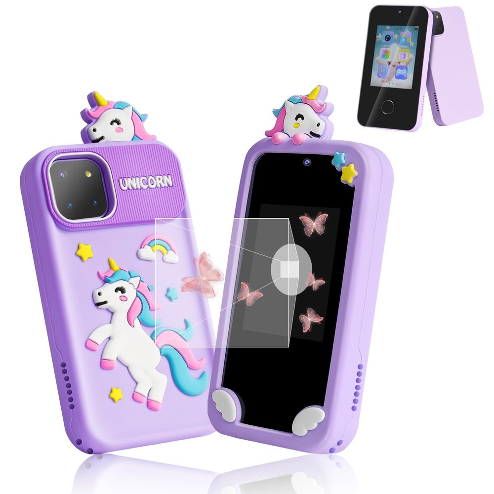 Purple Unicorn Kids Phone, 2.8" IPS Touchscreen Kid Smart Phone, Fake Phone Dual Cameras with 8GB SD Card, Smart Kids Phone for Girls Boys Ages 3-12, Toddler Play Phone with Music Player/ Games/Video