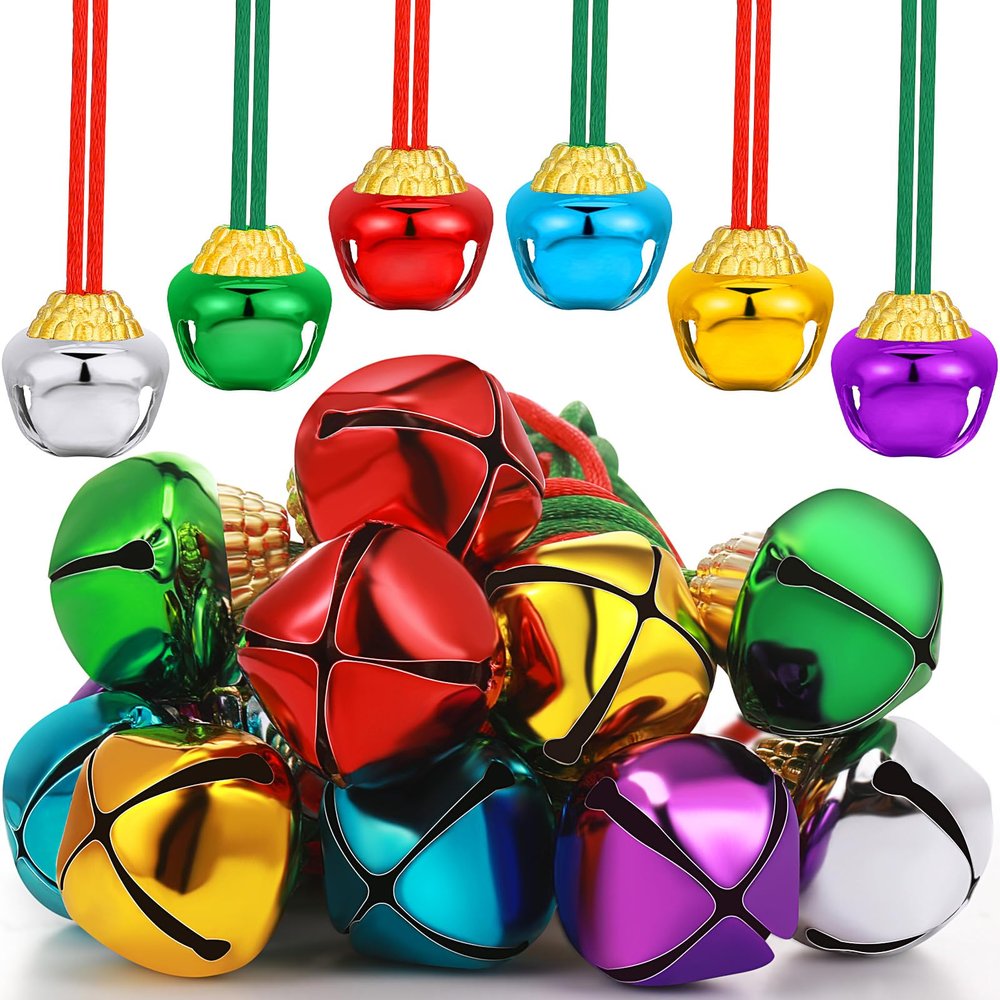 Gejoy 12 Pieces Christmas Bell Necklaces Large Jingle Bell Necklaces Christmas Party Accessories Stocking Stuffers for Craft Xmas Holiday Party Supplies(Charming Colors)