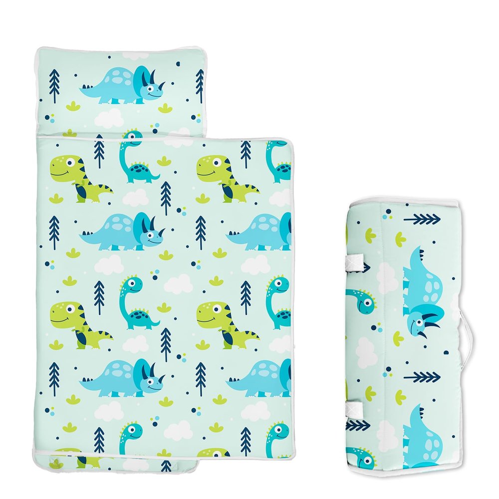 Toddler Nap Mat/Removable Pillow -Dinosaurs- Carry Handle with Straps Closure,Toddler Nap Mat Extra Large 60 in*20 in Boys Sleeping Mat Nap Mat for Preschool Kindergarten, Sleeping Bag