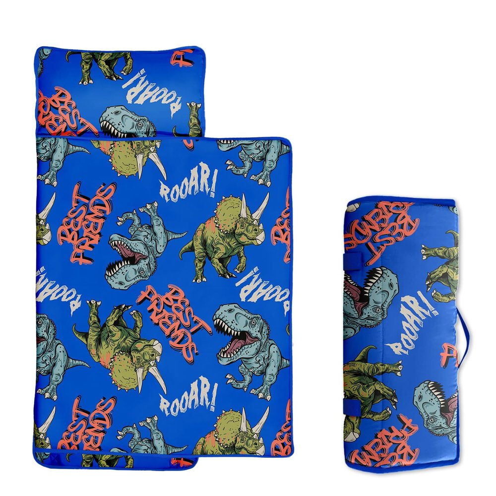 Toddler Nap Mat/Removable Pillow -Blue Dinosaur- Carry Handle with Straps Closure,Toddler Nap Mat Extra Large 50 in*20 in Boys Sleeping Mat Nap Mat for Preschool Kindergarten, Sleeping Bag