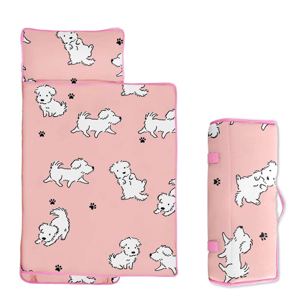 Toddler Nap Mat/Removable Pillow -Pink Dog- Carry Handle with Straps Closure,Toddler Nap Mat Extra Large 50 in*20 in Boys Sleeping Mat Nap Mat for Preschool Kindergarten, Sleeping Bag