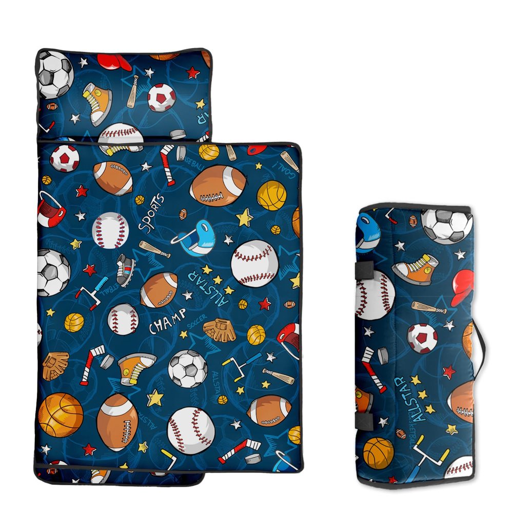 Toddler Nap Mat/Removable Pillow -Sports- Carry Handle with Straps Closure,Toddler Nap Mat Extra Large 50 in*20 in Boys Sleeping Mat Nap Mat for Preschool Kindergarten, Sleeping Bag