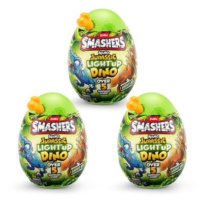 Smashers Nano Jurassic Light up Dino by ZURU, Dinosaur Themed Collectible Toy Egg with Over 5 Surprises for Boys and Kids (3 Pack)