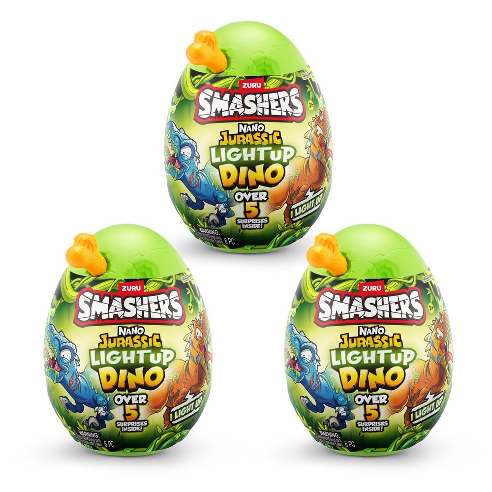 Smashers Nano Jurassic Light up Dino by ZURU, Dinosaur Themed Collectible Toy Egg with Over 5 Surprises for Boys and Kids (3 Pack)