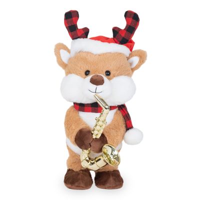 Cuddle Barn - Jazzy Antlers | Animated Christmas Saxophone Playing Reindeer Plush Toy, 14 inches, Brown