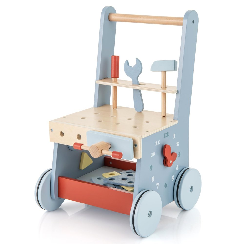 HONEY JOY Baby Push Walker, Wooden Toy Tool Bench & Activity Walker w/Shape Sorter, Develop Motor Skills & Creativity, Push Toys for Babies Learning to Walk, Gift for Boys and Girls, Blue